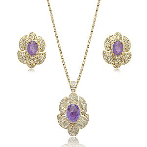 Conjunto de brinco e colar cravejado de zirconia e pedra fusion banho em ouro 18k
