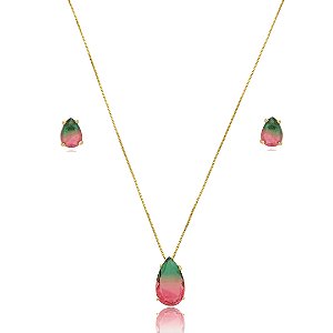 Conjunto de brinco e colar cravejado de pedra fusion banho em ouro 18k