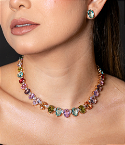 Conjunto de brinco e colar cravejado de zirconia rainbow banho em ouro 18k