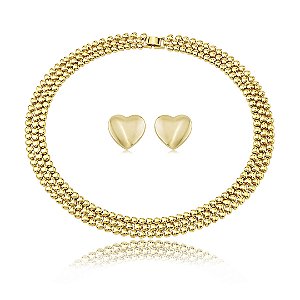 Conjunto de coração brinco e colar liso dourado banho em ouro 18k
