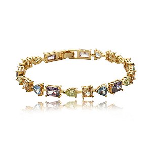 Pulseira cravejado de zirconia rainbow banho em ouro 18k