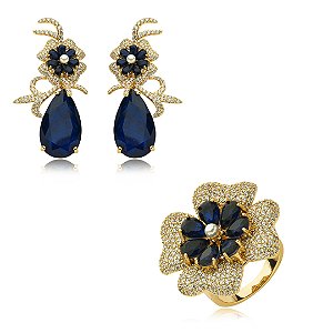 Conjunto de anel e brinco cravejado de zirconia e pedra fusion banho em ouro 18k