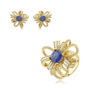Conjunto de anel e brinco cravejado de zirconia e pedra fusion banho em ouro 18k
