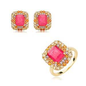 Conjunto de anel e brinco cravejado de zirconia e pedra fusion banho em ouro 18k