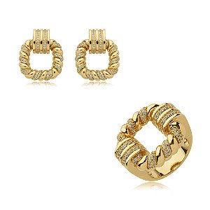 Conjunto de anel e brinco cravejado de zirconia cristal banho em ouro 18k