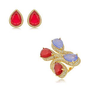 Conjunto de anel e brinco cravejado de zirconia e pedra fusion banho em ouro 18k