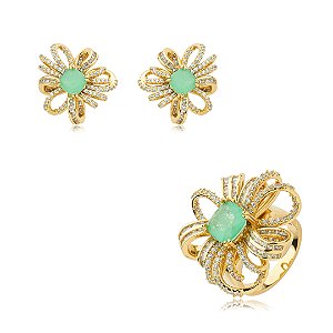 Conjunto de anel e brinco cravejado de zirconia e pedra fusion banho em ouro 18k