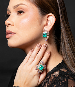 Conjunto de anel e brinco cravejado de zirconia e pedra fusion banho em ouro 18k