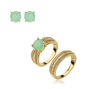 Conjunto de anel e brinco cravejado de zirconia e pedra fusion banho em ouro 18k