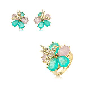 Conjunto de anel e brinco cravejado de zirconia e pedra fusion banho em ouro 18k