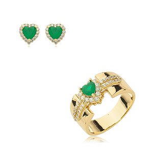 Conjunto de anel e brinco cravejado de zirconia e pedra fusion banho em ouro 18k