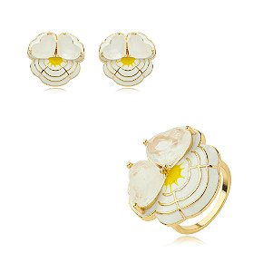 Conjunto de anel e brinco esmaltado com pedra fusion banho em ouro 18k