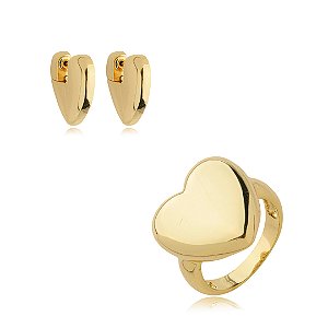 Conjunto de anel e brinco dourado liso banho em ouro 18k