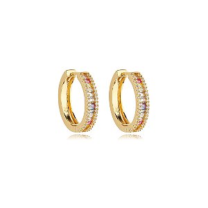 Brinco de argola com zirconia rainbow banho em ouro 18k
