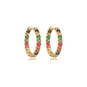 Brinco de argola com zirconia rainbow banho em ouro 18k
