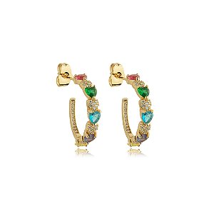 Brinco de argola com zirconia rainbow banho em ouro 18k