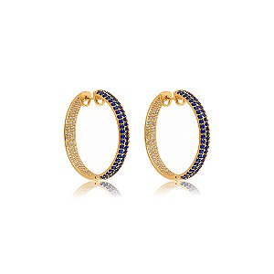 Brinco luxo de argola com zircônia safira banho em ouro 18k