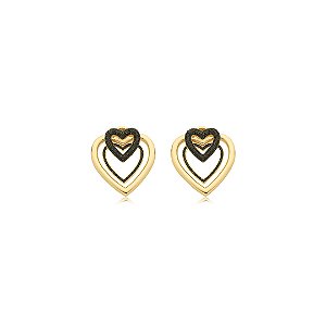 Brinco de coração cravejado de zirconia onix banho em ouro 18k