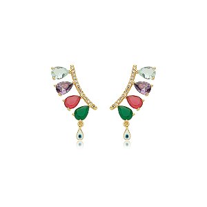Brinco cravejado de zirconia rainbow banho em ouro 18k