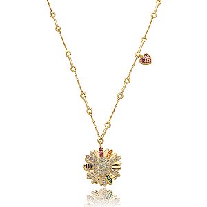 Colar com pingente cravejado de zirconia rainbow banho em ouro 18k