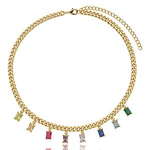 Colar de corrente cravejado de zirconia rainbow banho em ouro 18k