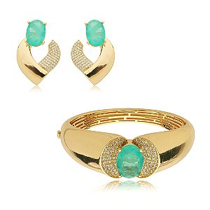 Conjunto de brinco e bracelete cravejado de zirconia e pedra fusion banho em ouro 18k