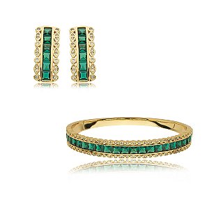 Conjunto de brinco e bracelete cravejado de zirconia esmeralda banho em ouro 18k