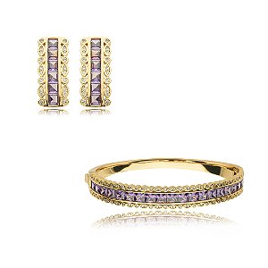 Conjunto de brinco e bracelete cravejado de zirconia ametista banho em ouro 18k