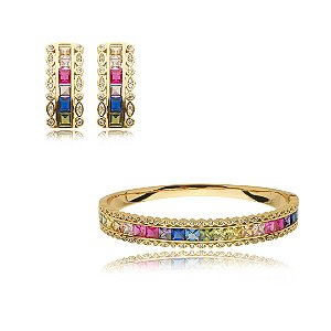 Conjunto de brinco e bracelete cravejado de zirconia rainbow banho em ouro 18k