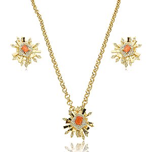Conjunto de brinco e colar cravejado de zirconia e pedra fusion banho em ouro 18k