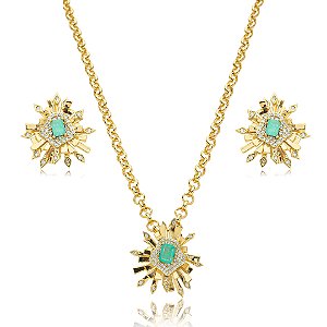 Conjunto de brinco e colar cravejado de zirconia e pedra fusion banho em ouro 18k