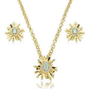 Conjunto de brinco e colar cravejado de zirconia e pedra fusion banho em ouro 18k