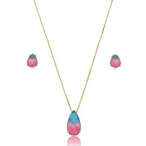 Conjunto de brinco e colar cravejado de pedra fusion banho em ouro 18k