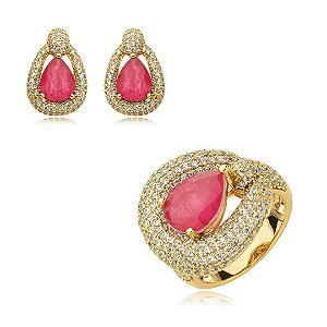 Conjunto de brinco e anel cravejado de zirconia e pedra fusion banho em ouro 18k