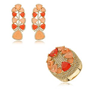 Conjunto de brinco e anel cravejado de zirconia e pedra fusion banho em ouro 18k