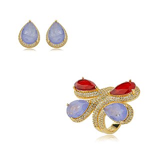 Conjunto de brinco e anel cravejado de zirconia e pedra fusion banho em ouro 18k