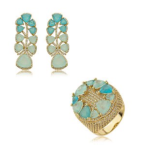 Conjunto de brinco e anel cravejado de zirconia e pedra fusion banho em ouro 18k