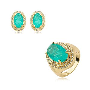 Conjunto de brinco e anel cravejado de zirconia e pedra fusion banho em ouro 18k