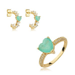 Conjunto de brinco e anel cravejado de zirconia e pedra fusion banho em ouro 18k