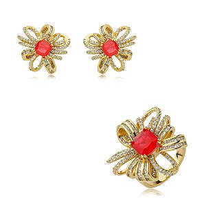 Conjunto de brinco e anel cravejado de zirconia e pedra fusion banho em ouro 18k