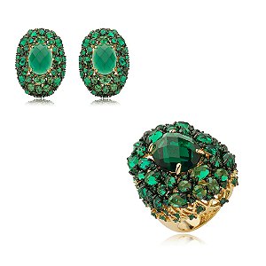 Conjunto de brinco e anel cravejado de zirconia esmeralda banho em ouro 18k
