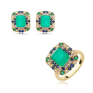 Conjunto de brinco e anel cravejado de zirconia e pedra fusion banho em ouro 18k