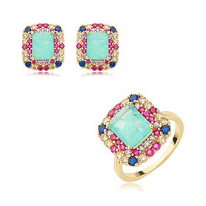 Conjunto de brinco e anel cravejado de zirconia e pedra fusion banho em ouro 18k