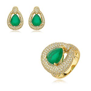 Conjunto de brinco e anel cravejado de zirconia e pedra fusion banho em ouro 18k