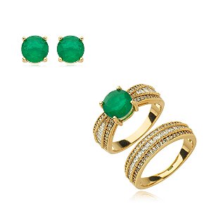 Conjunto de brinco e anel cravejado de zirconia e pedra fusion banho em ouro 18k