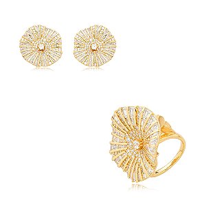 Conjunto de brinco e anel cravejado de zirconia cristal banho em ouro 18k
