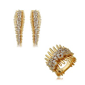 Conjunto de brinco e anel cravejado de zircônia cristal banho em ouro 18k