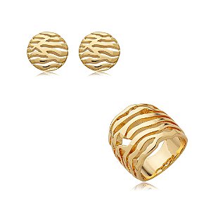 Conjunto de brinco e anel liso banho em ouro 18k