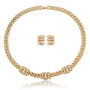 Conjunto de brinco e colar cravejado de zirconia cristal banho em ouro 18k