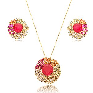 Conjunto de brinco e colar cravejado de zirconia e pedra fusion banho em ouro 18k